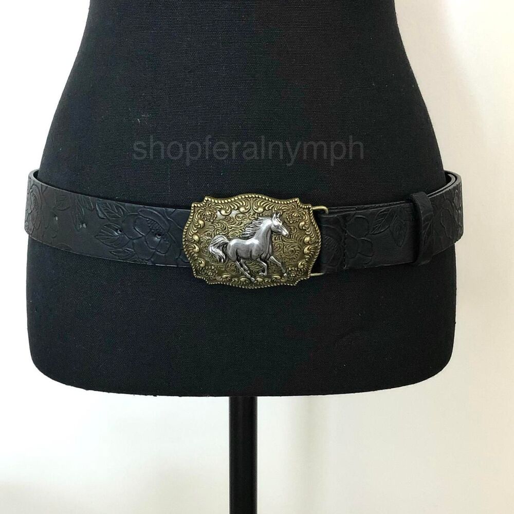 Y2K Cowgirl Black Embossed Floral Horse Buckle Belt, 31-40.5 Inches, X7GA1122